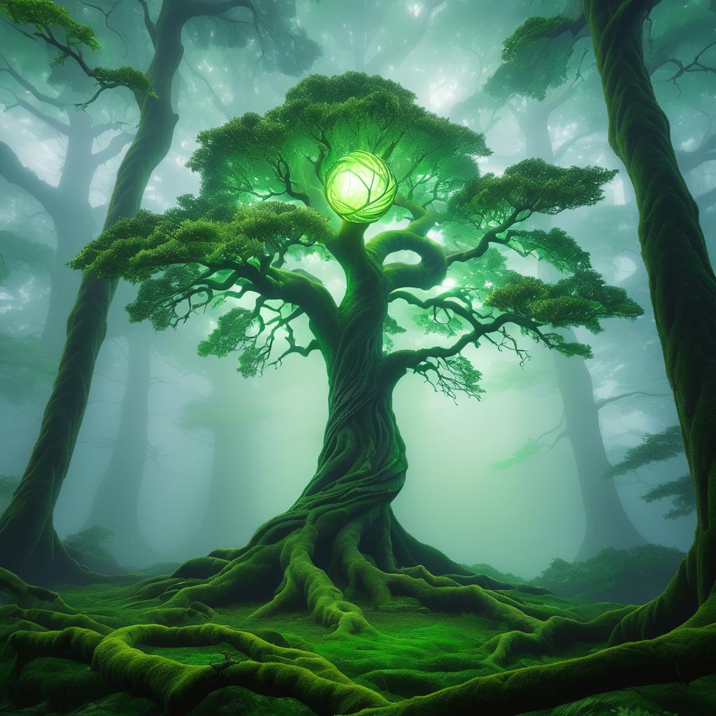 Mystical Ancient Tree in a Misty Forest