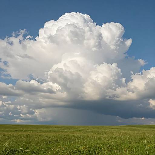 Photograph of a vast, green grassy field with a large, bright white cumulus cloud dominating the vibrant blue sky.