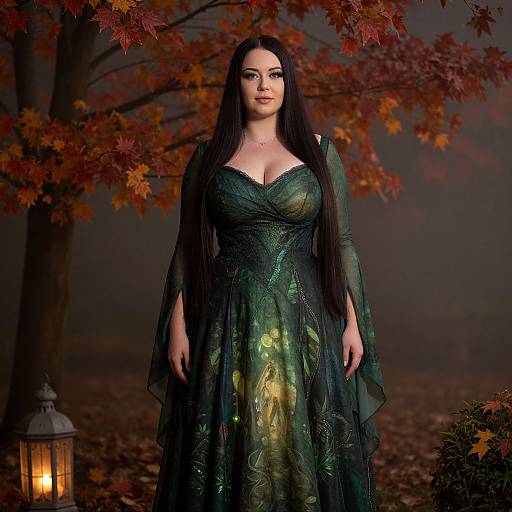 Photograph of a long-haired, fair-skinned woman with large breasts, wearing a green, semi-transparent, floral-patterned dress, standing in an