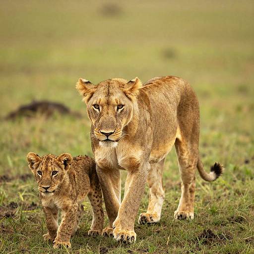 Photograph of a lioness with a cub walking on grassy savanna, both with golden-brown fur, intense gazes, and protective posture