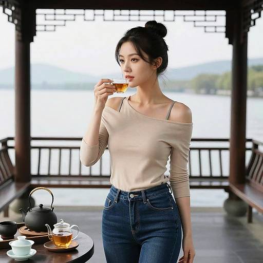 Chic Woman Enjoying Lakeside Tea