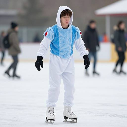 Photograph of a young man in a white and blue ice skating outfit with a hood, black gloves, and white skates, standing on an outdoor