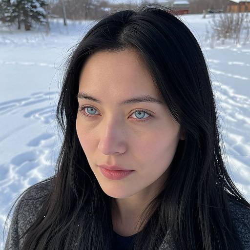 Photograph of a young woman with fair skin, blue eyes, and long black hair, standing in a snowy landscape with trees and a distant red-ro