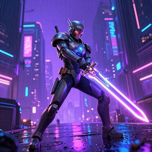 Cybernetic warrior with glowing purple sword stands in neon-lit, rainy city street, holding stance with illuminated futuristic armor. Digital art.