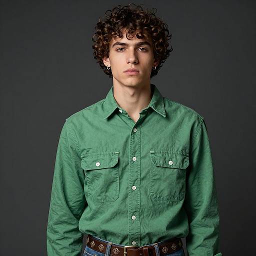 Young Man in Green Shirt with Curly Hair