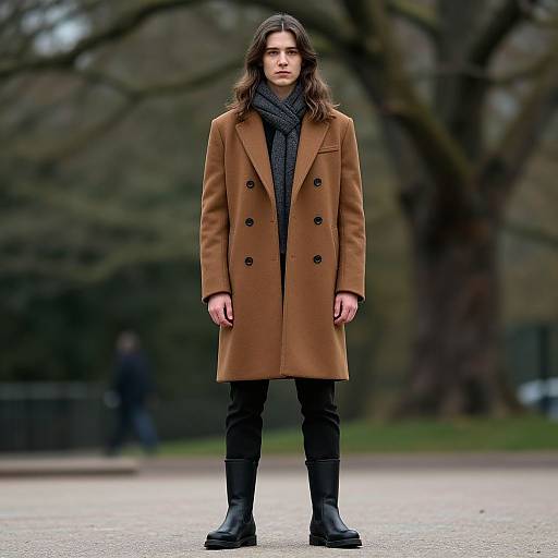 Photograph of a young woman with long brown hair, wearing a tan double-breasted coat, black scarf, black pants, and boots, standing in
