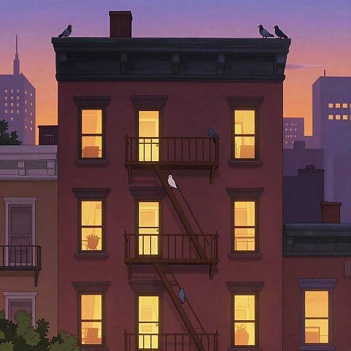 Digital artwork of a red-brick building at sunset, with glowing yellow windows, fire escape, birds on roof, and city skyline.