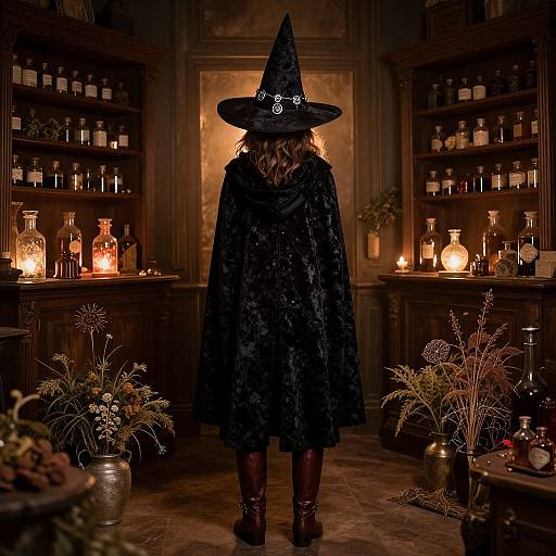 Photograph of a person in a black witch hat and cloak, standing in a dimly lit, candlelit apothecary, surrounded by shelves