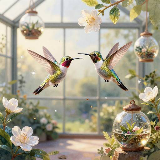 Crystal-Winged Hummingbirds in Glasshouse Garden
