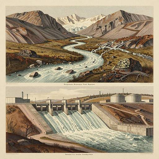 Victorian Lithograph of Glacier-Fed River and Dam