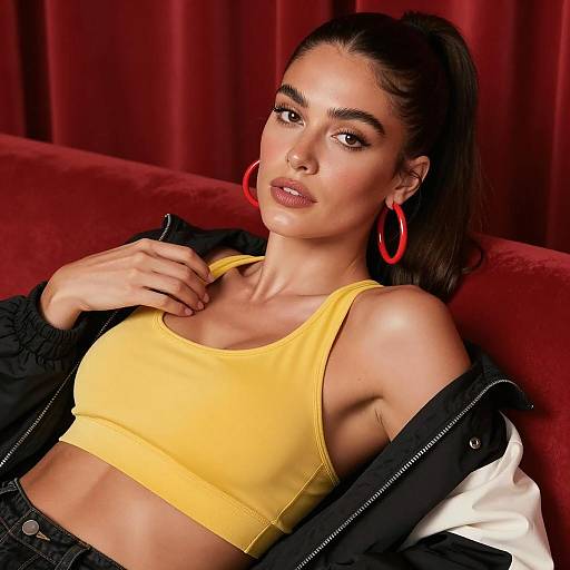 Casual Elegance: Woman on Red Couch