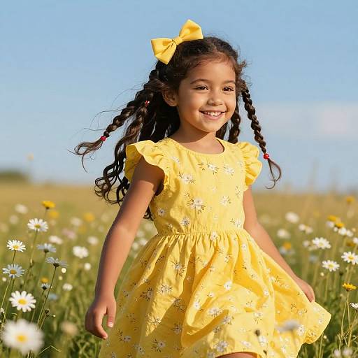 Photograph of a smiling young girl with dark curly hair in braids, wearing a yellow floral dress and bow, standing in a sunlit daisy