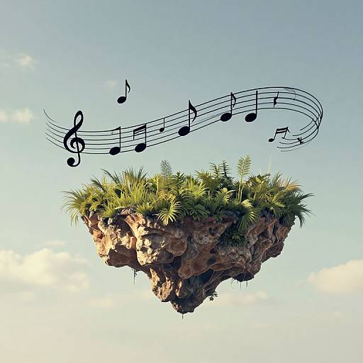 Floating rock island with green grass and ferns, musical notes floating above, clear blue sky background, digital illustration.