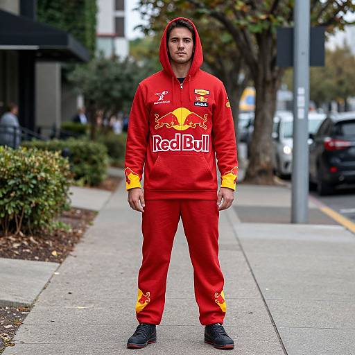 Photograph of a young man standing on a city sidewalk, wearing a red Red Bull hoodie and pants, hood up, with yellow accents, and black