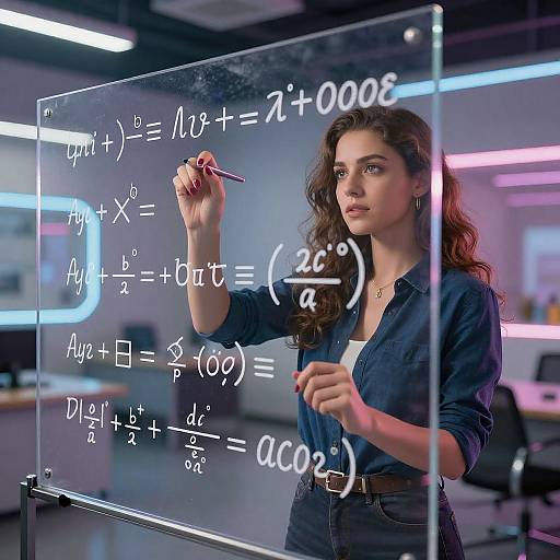 Photograph of a curly-haired woman in a blue shirt writing complex math equations on a glass whiteboard in a modern, neon-lit office.