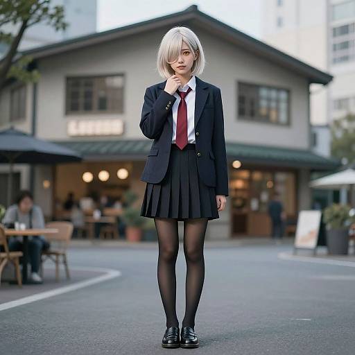 Digital anime-style photograph of a silver-haired girl in a black blazer, white shirt, red tie, black skirt, and stockings, standing thoughtfully