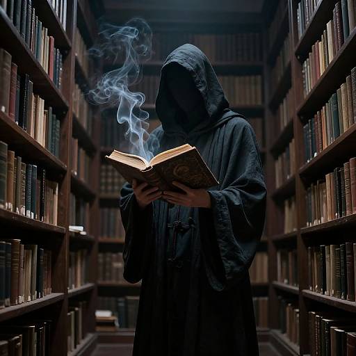 Photograph of a hooded figure in dark robes, smoking blue smoke, reading an open book in a dimly lit library aisle.