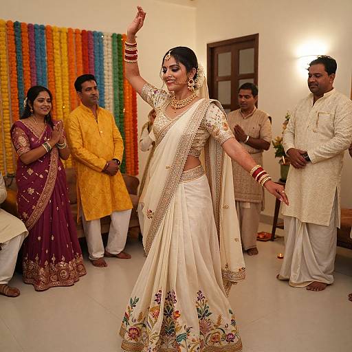 Photograph of a traditional Indian wedding ceremony: bride in white floral saree with gold embroidery, performing dance, surrounded by guests in vibrant attire, colorful