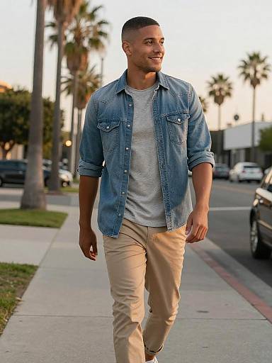 Young man walking in suburban street at golden hour