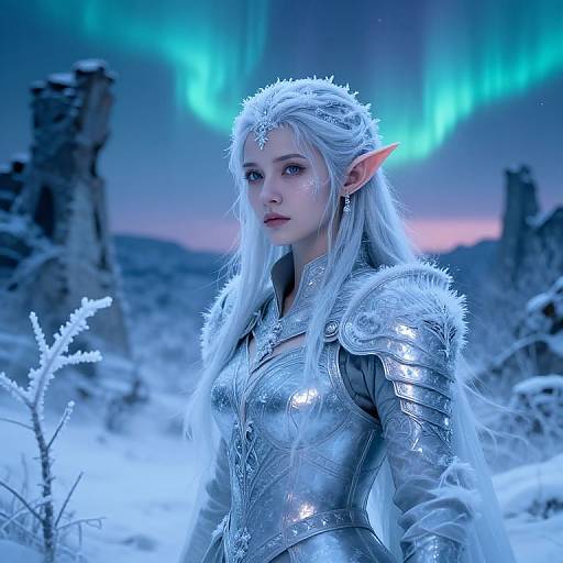 Digital artwork of a silver-haired, elven woman with pointed ears, wearing intricate silver armor, standing in a snowy, ruins-filled landscape under a glowing