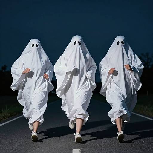 Photograph of three people in white ghost costumes with black eyes, running on a dark, empty road at night.