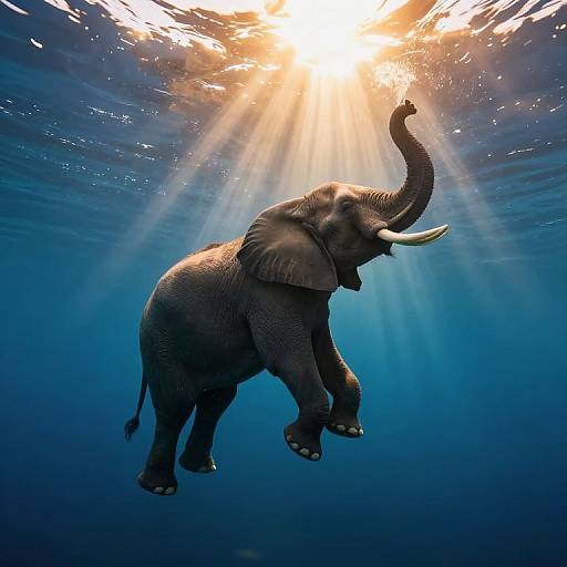 Photograph of an underwater elephant with raised trunk, sunlight rays illuminating its dark gray, textured skin against a deep blue ocean background.