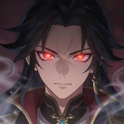 Digital anime-style portrait of a dark-haired, pale-skinned male with glowing red eyes, intense expression, and smoky background. He wears ornate