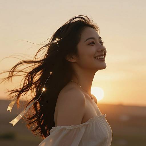 Photograph of a smiling woman with long dark hair, wearing an off-shoulder white dress, silhouetted against a golden sunset, hair