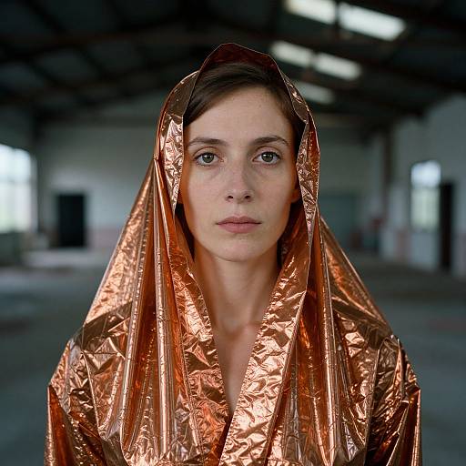 Photograph of a woman with fair skin and brown eyes, wearing a shiny, crinkled copper hood and cloak, standing in a dimly lit