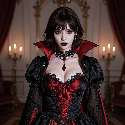 Gothic vampire woman with pale skin, black bob, black lipstick, red corset, black lace choker, and cape, standing in dim
