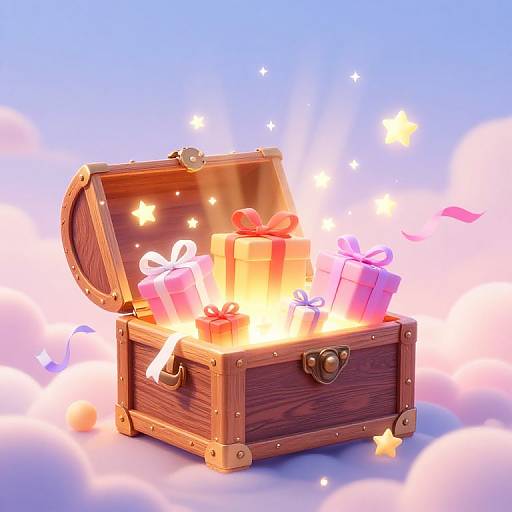Photograph of an open wooden treasure chest glowing with light, surrounded by floating star-shaped lights and colorful gift boxes.