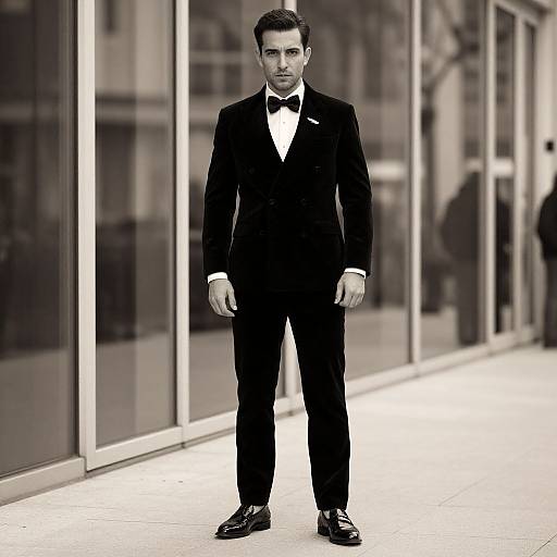 Black-and-white photograph of a handsome man in a black tuxedo with a bow tie, standing confidently on a city sidewalk. Glass building reflections in