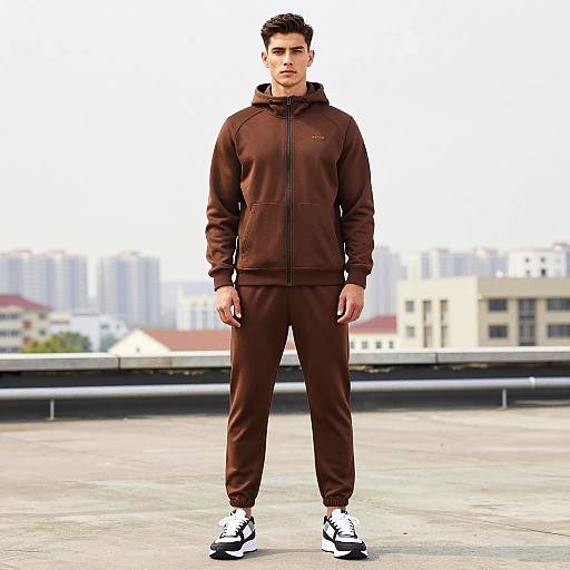 Young Man in Brown Tracksuit on Rooftop