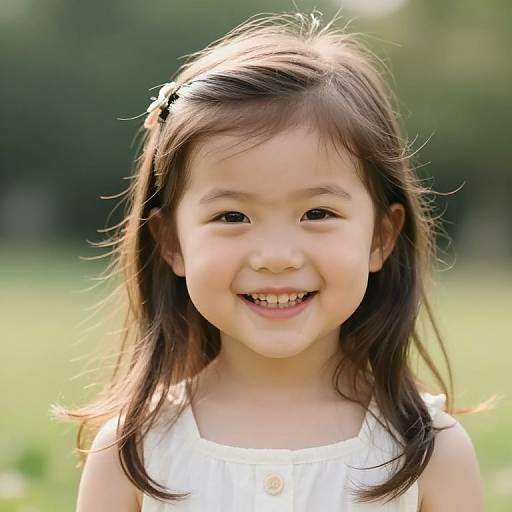 Photograph of a smiling Asian girl with long brown hair, wearing a white sleeveless dress, standing outdoors in a sunlit, green field.