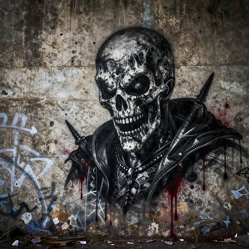 Grungy, dark digital art of a skull with glowing white highlights, grinning sinisterly in a torn, blood-stained jacket, graffiti-covered