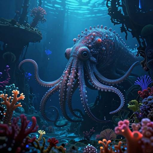 Digital art of a vibrant, blue-hued octopus with pink accents and bulbous eyes in a colorful, underwater coral reef.
