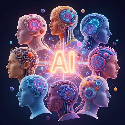 Digital CGI of six futuristic, neon-lit human heads with cybernetic brains, forming a circle around a glowing, central 