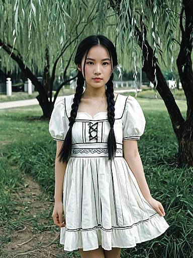 Young Asian Woman in White Dress Outdoors