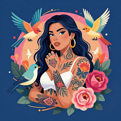 Vibrant Tattooed Woman with Birds