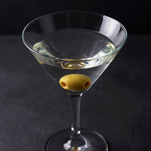 Photograph of a clear martini glass with a single lemon olive at the bottom, filled with transparent liquid, against a dark black background.