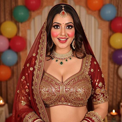 Photograph of a smiling South Asian bride in a red, gold-embroidered traditional outfit, veil, and jewelry, with colorful balloons and candles
