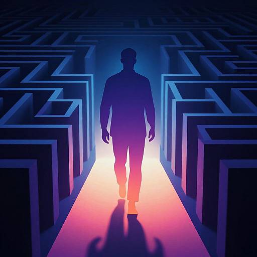 Digital art of a silhouetted male figure walking through a neon-lit, maze-like path with gradient blue and pink lighting.