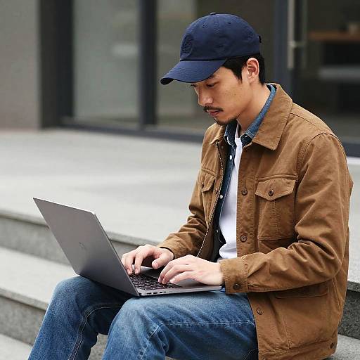 Asian Man Working on Laptop Outdoors
