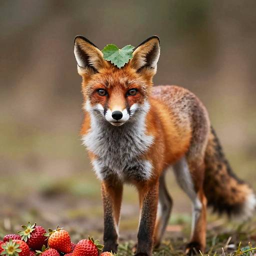 Red Fox with Leaf on Head and Strawberries