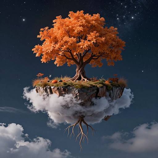Photorealistic CGI of an orange-leaved tree with exposed roots, floating on a cloud above rocky terrain, under a starry night sky.