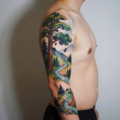 Photograph of a shirtless man with a colorful, detailed tattoo of a winding river, trees, and mountains on his right upper arm.