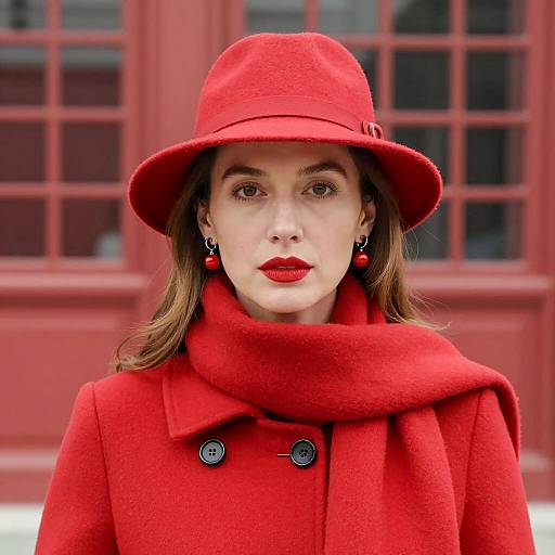 Chic Woman in Red Against Grid Background