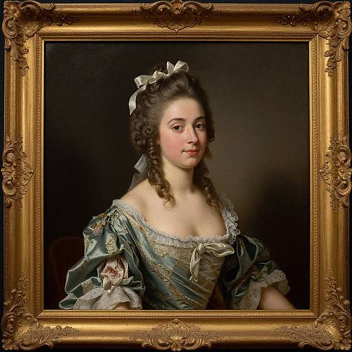Portrait of an 18th-century European woman with curly brown hair, wearing an elaborate green gown with lace and a white ribbon, framed in an orn