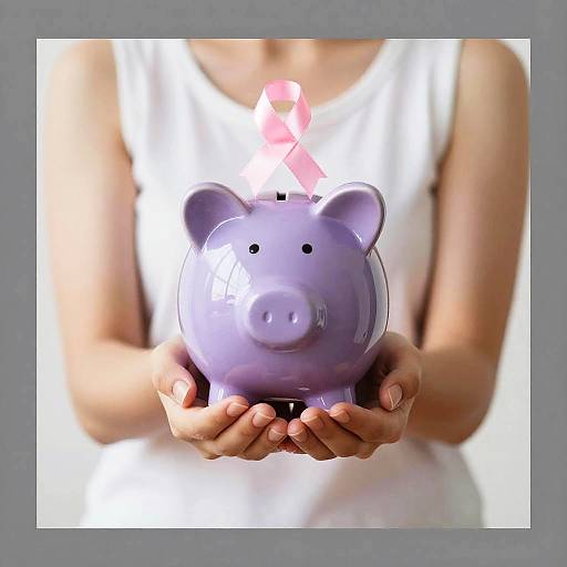 Purple Piggy Bank with Pink Ribbon