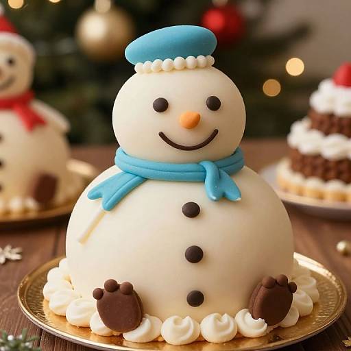 Photograph of a festive snowman cake with blue hat, scarf, and buttons, surrounded by Christmas decorations and other cakes.